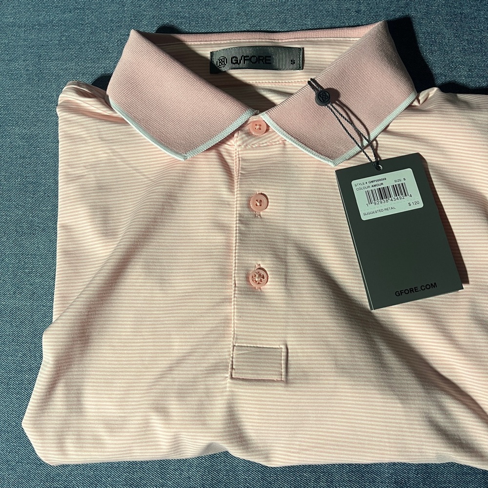G/FORE Light Pink and white Striped Polo. Small.NWT